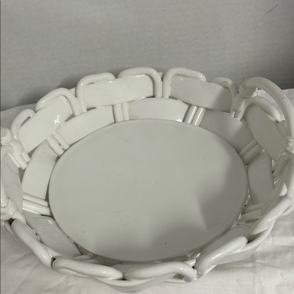White Ceramic Woven Basket Bowl 11 1/2 inches wide Made in Italy